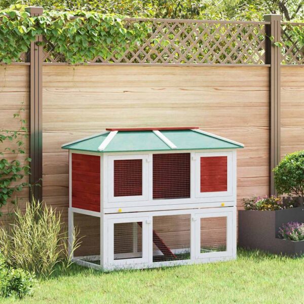 Konijnenhok twee verdiepingen hout rood