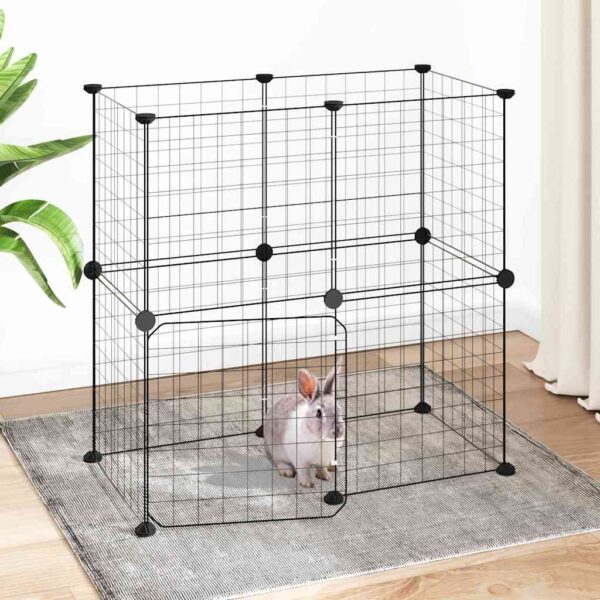 Huisdierenkooi met deur 12 panelen 35x35 cm staal zwart