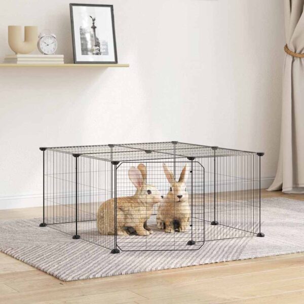 Huisdierenkooi met deur 12 panelen 35x35 cm staal zwart